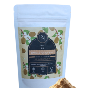 Sachet de poudre de baobab bio de chez KM Nutrition de couleur blanche, avec un motif rectangle de couleur brune au centre